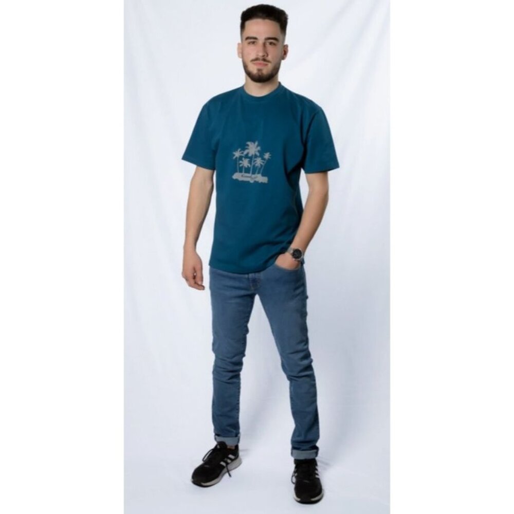 Tropical Graphic T-Shirt Mens Casual Short Sleeve Blue Palm Tree Print XL Read M